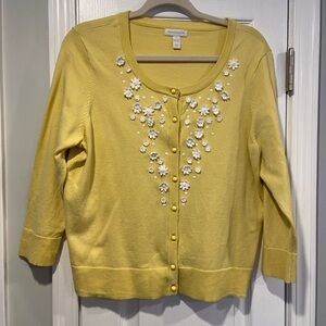 Charter Club Size L Yellow White Daisy Embellished Button Front Cardigan